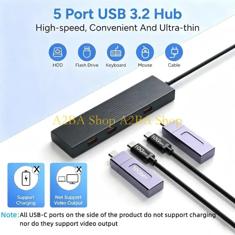 A2BA Portable Type C Splitter for Desk File Moving, Four Way Aluminum Design with Fixed Cable and 10Gbps Transfer for Office
