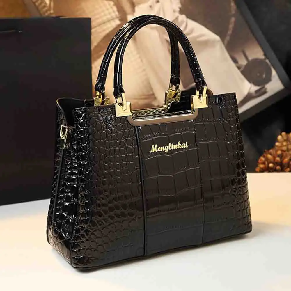 

2023 New Luxury Crocodile Bag for Women Casual Tote High Qualtiy Patent Leather Shoulder Purses Elegant Dinner Noble Purse Black