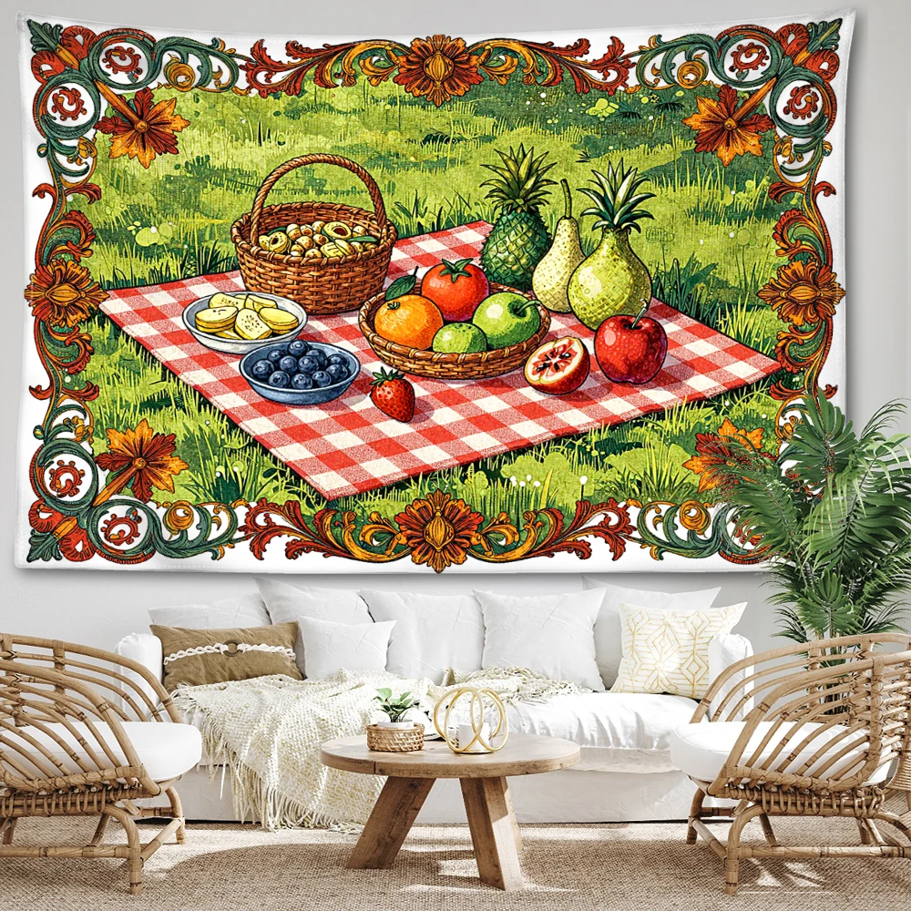 Red Checkered Picnic Fruit Floral Printed Tapestry Wall Hanging Bohemian Style Bedroom Home Decor