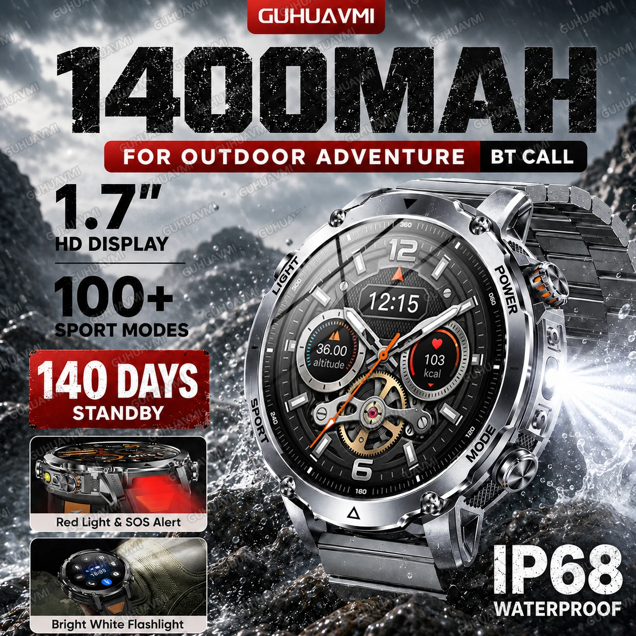 Outdoor Adventure Reservations - สมาร์ทวอทช์ผู้ชายรุ่นใหม่ปี 2026 แบตเตอรี่ 1400mAh สำหรับกิจกรรมกลางแจ้ง หน้าจอ