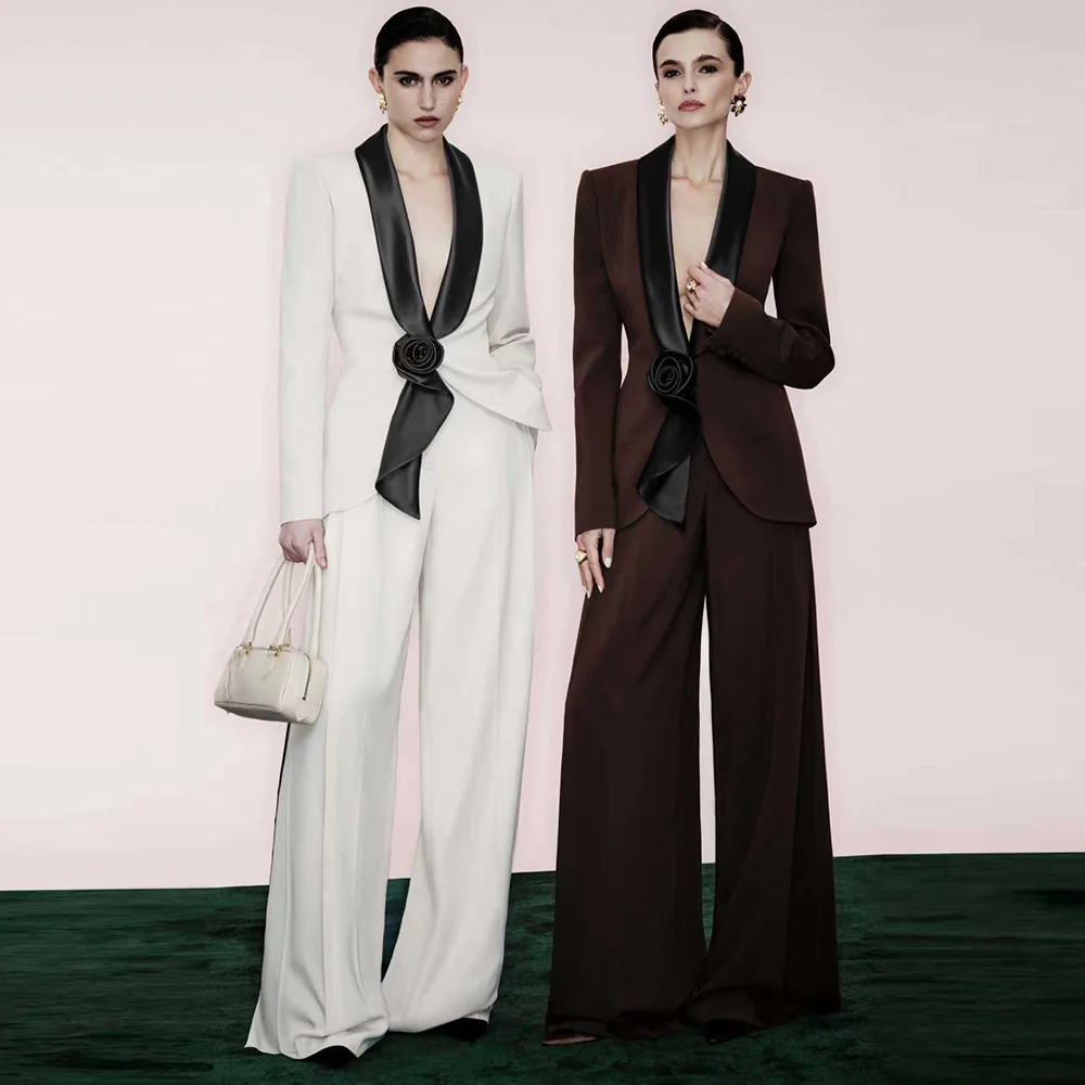 

Elegant Shawl Lapel Rose Decor Blazer Wide Leg Pants Women 2-Piece Set Luxury Formal Evening Wedding Guest Suits Business Outfit