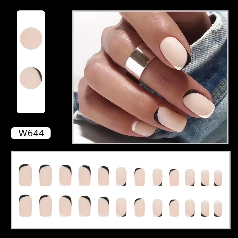 24pcs French Ballet Nails DIY Black White matte False Nails Detachable Square head Fake Nails Full Cover Press on Nails Nail Tip