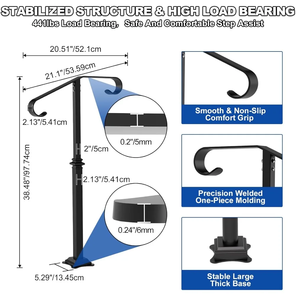 درابزين سلالم خارجي من الحديد المطاوع باللون الأسود لخطوات 1-2، 40 ارتفاعًا، تصميم عمود واحد، درابزين متين #4