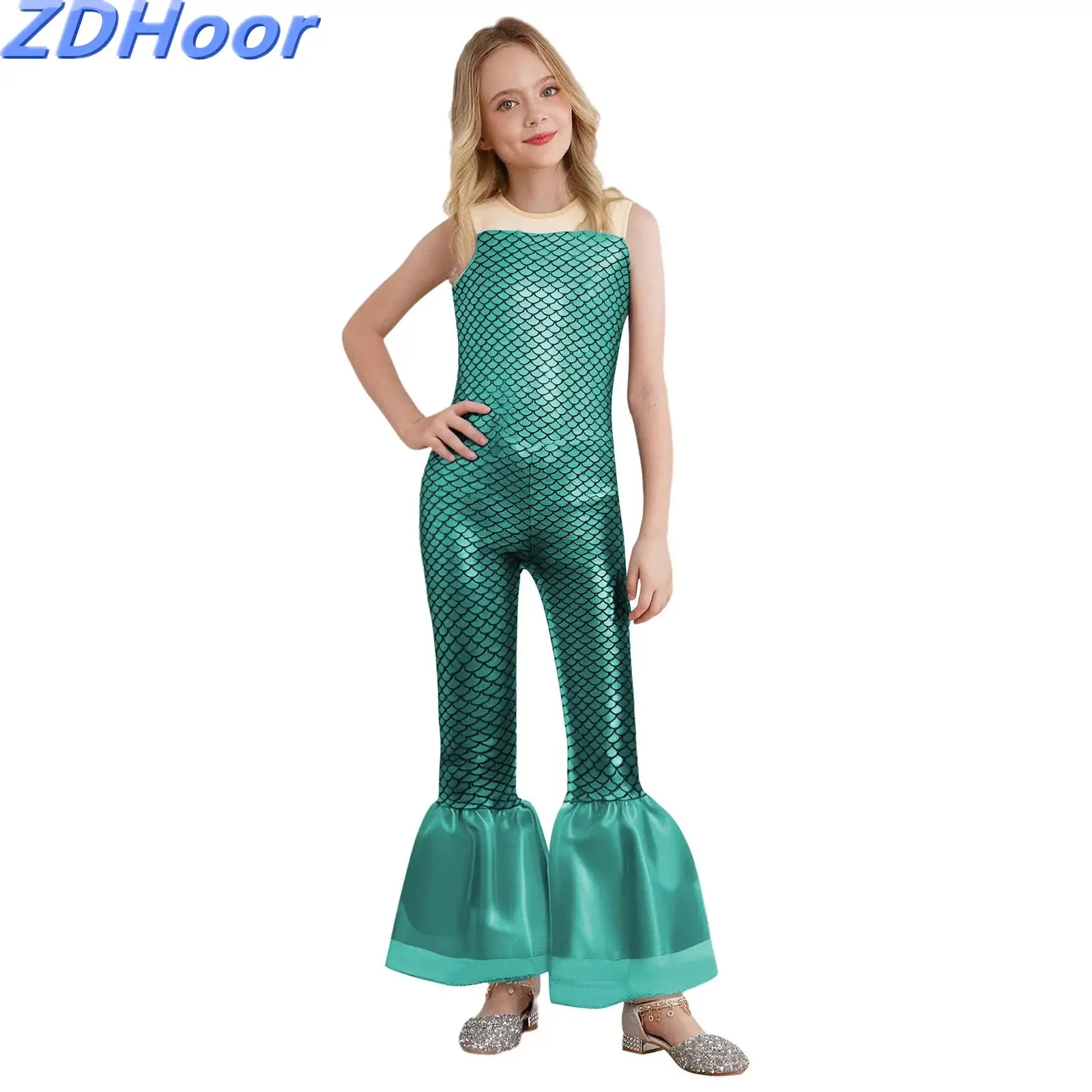 

Kids Girls Print Flared Mermaid Jumpsuit Cosplay Costume Sleeveless Fish Scales Halloween Party Holiday Cosplay Costume