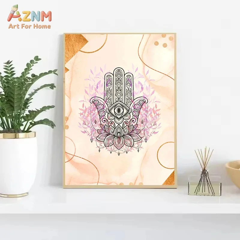 AZNM Boho Mandala Hamsa Hand Lotus Elephant Canvas Poster Frameless Wall Art Spiritual Yoga Floral Pattern Print For Bedroom Med