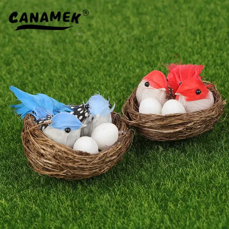 1 Set Artificial Feathered Birds & Nest & Egg Creative Craft Birds Sculpture Art Decoration Home Garden