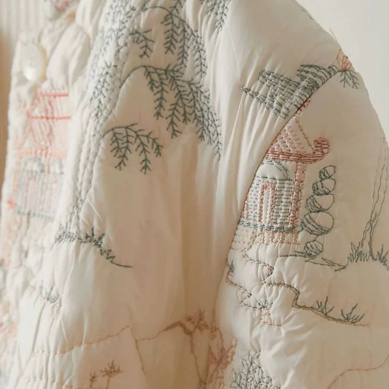 Women's Autumn Winter Tops Coat Cotton Clothes Embroidery Retro Slim Loose Design Soft Comfortable Trend New Versatile Niche