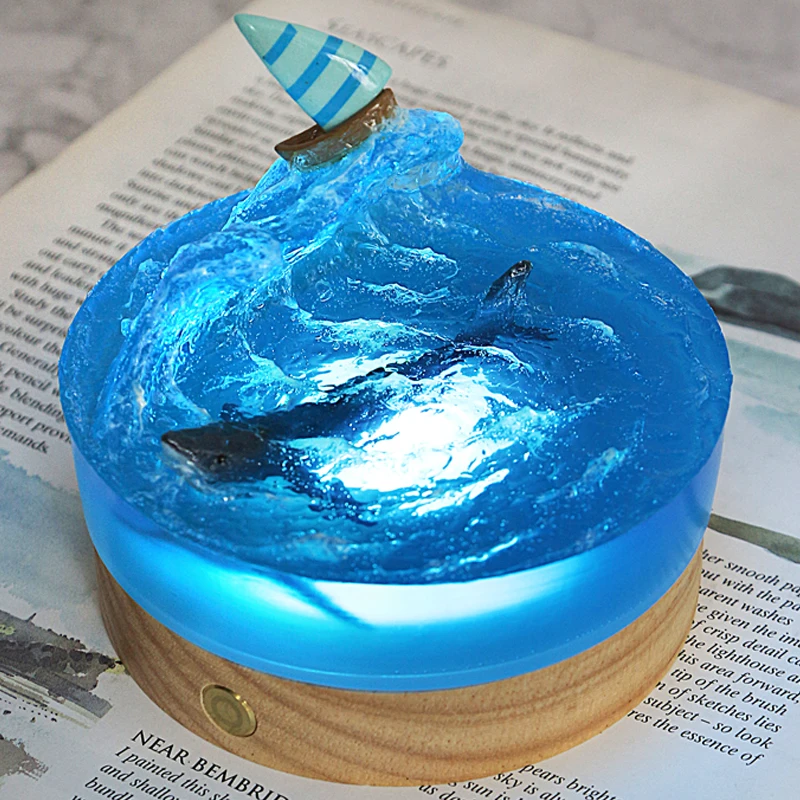 Ocean Adventure Theme Night Light, Resina Table Light, Arte Criativa Decoração, Veleiros Sea Wave, Shark Lamp Theme, USB Charge