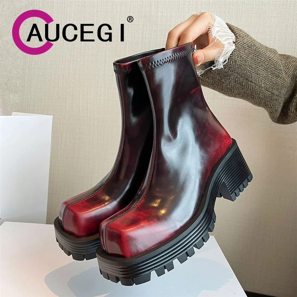 

Aucegi Vintage Autumn Winter Ankle Boots Fashion Square Toe Zip Lace Up Platform Thick High Heels Party Office Lady Casual Shoes