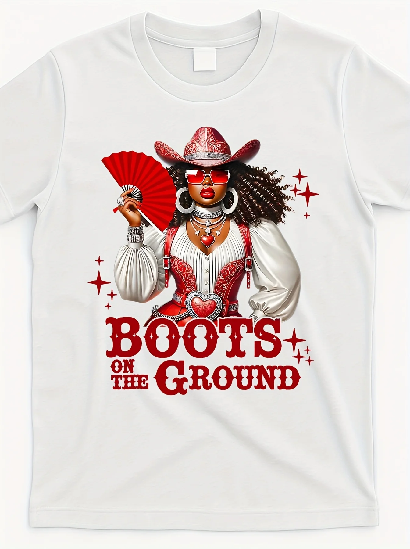 

Boots on the Ground Western Cowboy Cowgirl Graphic T-Shirt - Vibrant Red & White Design, Round Neck Casual Tee for Men & Women