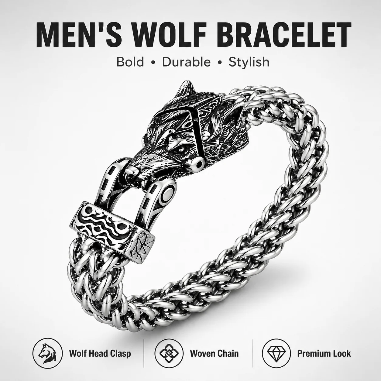 

Men's Silver Wolf Emblem Heavy Metal Braided Chain Bracelet Punk Gothic Style Fashion Accessories