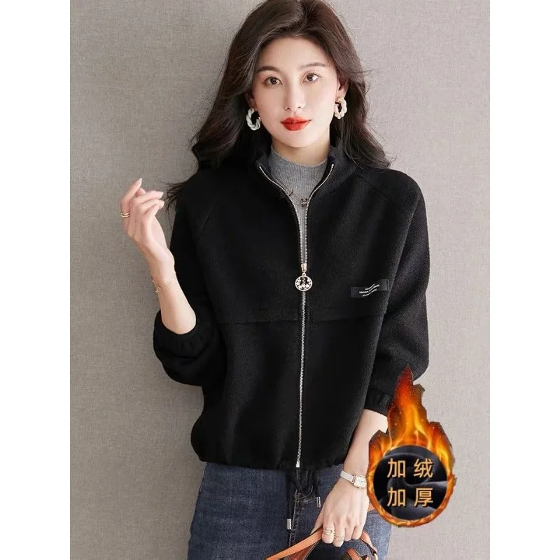 New Velvet Jacket Baseball Uniform Short Women's Autumn and Winter Popular Style High Waist Thickened Cardigan