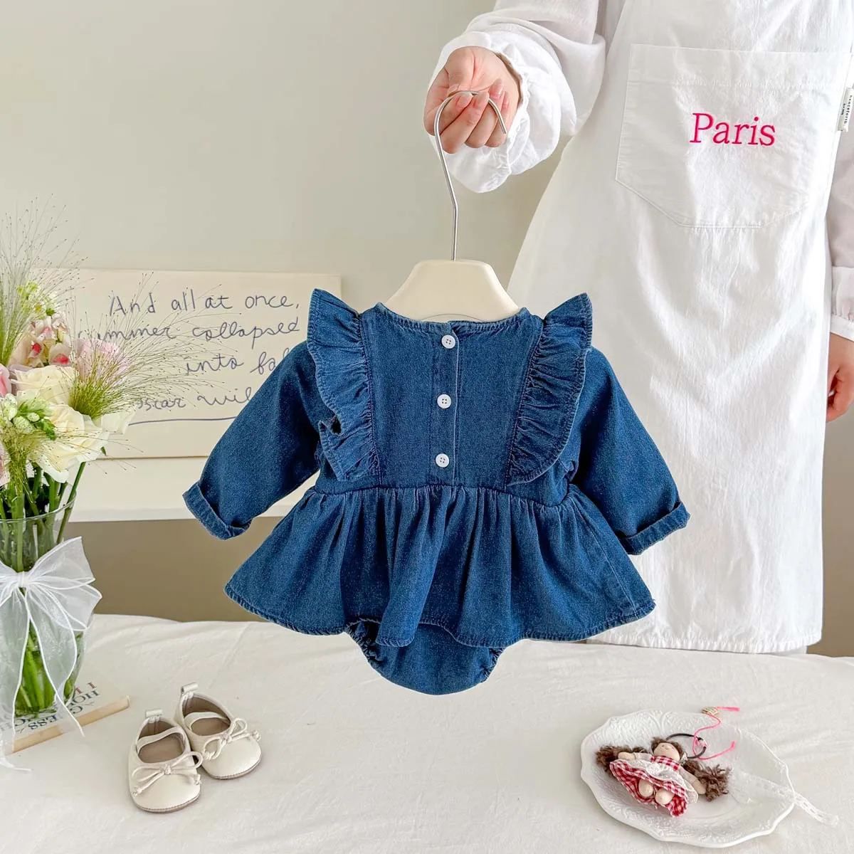 Baby Girl Denim Long-Sleeve Dress-Style Romper, Baby Girl Spring and Autumn Cherry Embroidery Ruffle Sleeve Romper, Newborn Photo Shoot Outfit