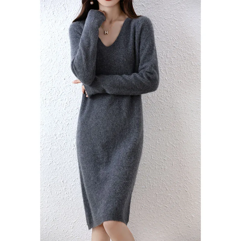 Tailor Sheep 100% Merino Wool Knitted Sweater Women Dress Winter/Autumn V-Neck Female Knee Length Dresses Long Thicken Jumper