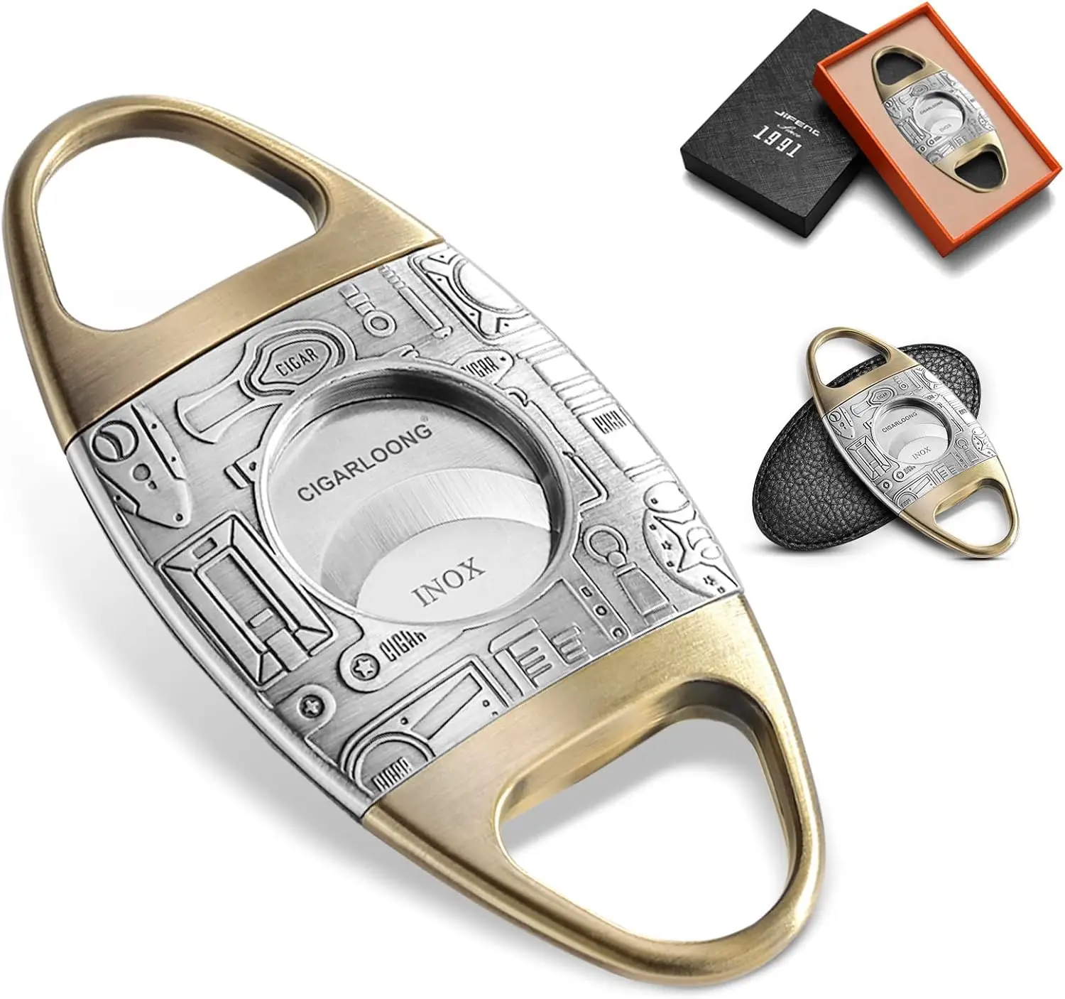 

Cigar Cutter Bronze Engrave Stainless Steel Double Blades Guillotine for All Size Cigars with Leather Pouch