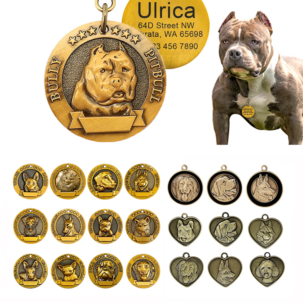 Spersonalizowana identyfikator psa bezpłatne grawerowanie psów tabliczka znamionowa rasy Anti-lost obroża dla zwierząt wisiorek dla Pitbull Bulldog miedziana obroża tagi