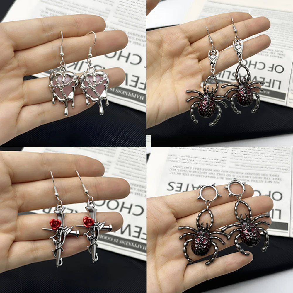 1 pair of dark gothic punk style drop earrings with cross rose spider and heart pendants Halloween ear ornaments suitable