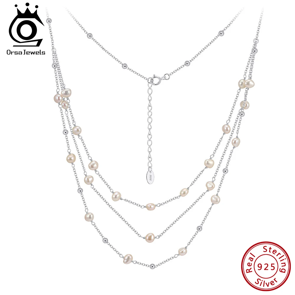 

ORSA JEWELS Multi-Layer Natural Freshwater Pearls Necklace S925 Silver Trendy Layered Pearl Choker Chain Party Girl Gift GPN89