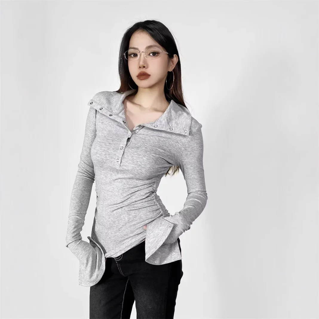 

Sexy Pure Hoodies Long Sleeve T-Shirt Autumn/Winter New Design Sensibility Nicheslims Smooths Your Silhouette Wrinkled Base Top