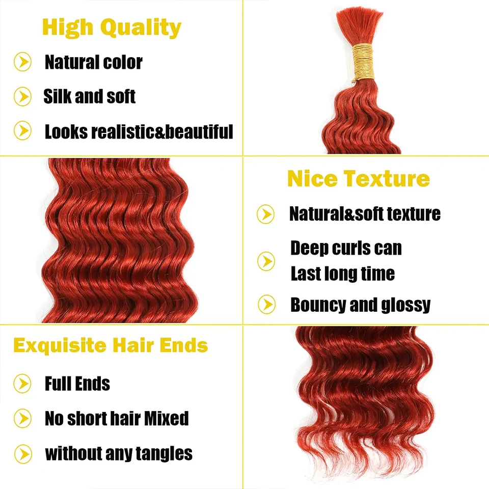 CUBIC Deep Wave Boho Braids Human Hair Ginger 350# Human Hair For Boho Braiding 2 Bundles=100g Human Hair Bulk For Braiding