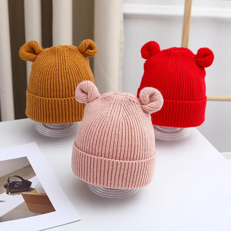 Cartoon Ear Baby Hat Winter Solid Color Warm Knitted Hats for Kids Boy Girl Cute Bear Infant Toddler Beanies Cap Bonnet 모자