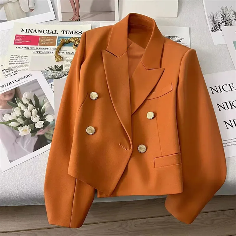 

Women Fashion Short Blazers Casual Solid Long Sleeve Office Lady Blazer Coat 2025 Spring Autumn Double-Breasted Suit Jacket Tops