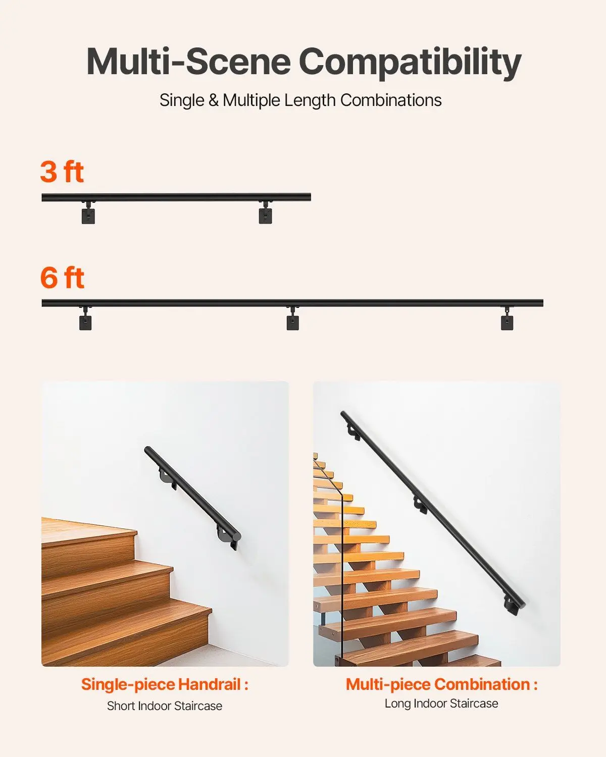 6ft Wall Mounted Stair Handrail Black Aluminum Indoor Outdoor Railing