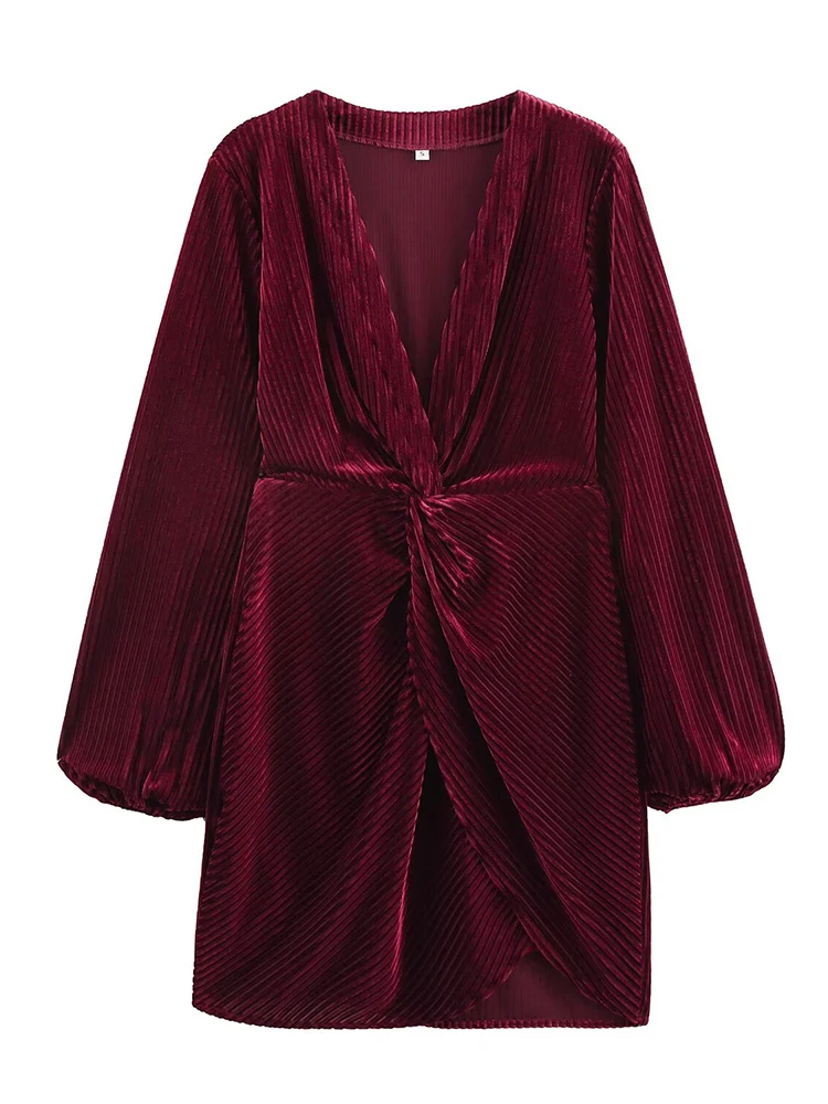 

Willshela Women Fashion Wine Red Bandage Pleated Mini Dress Vintage V-Neck Long Sleeves Female Chic Lady Dresses