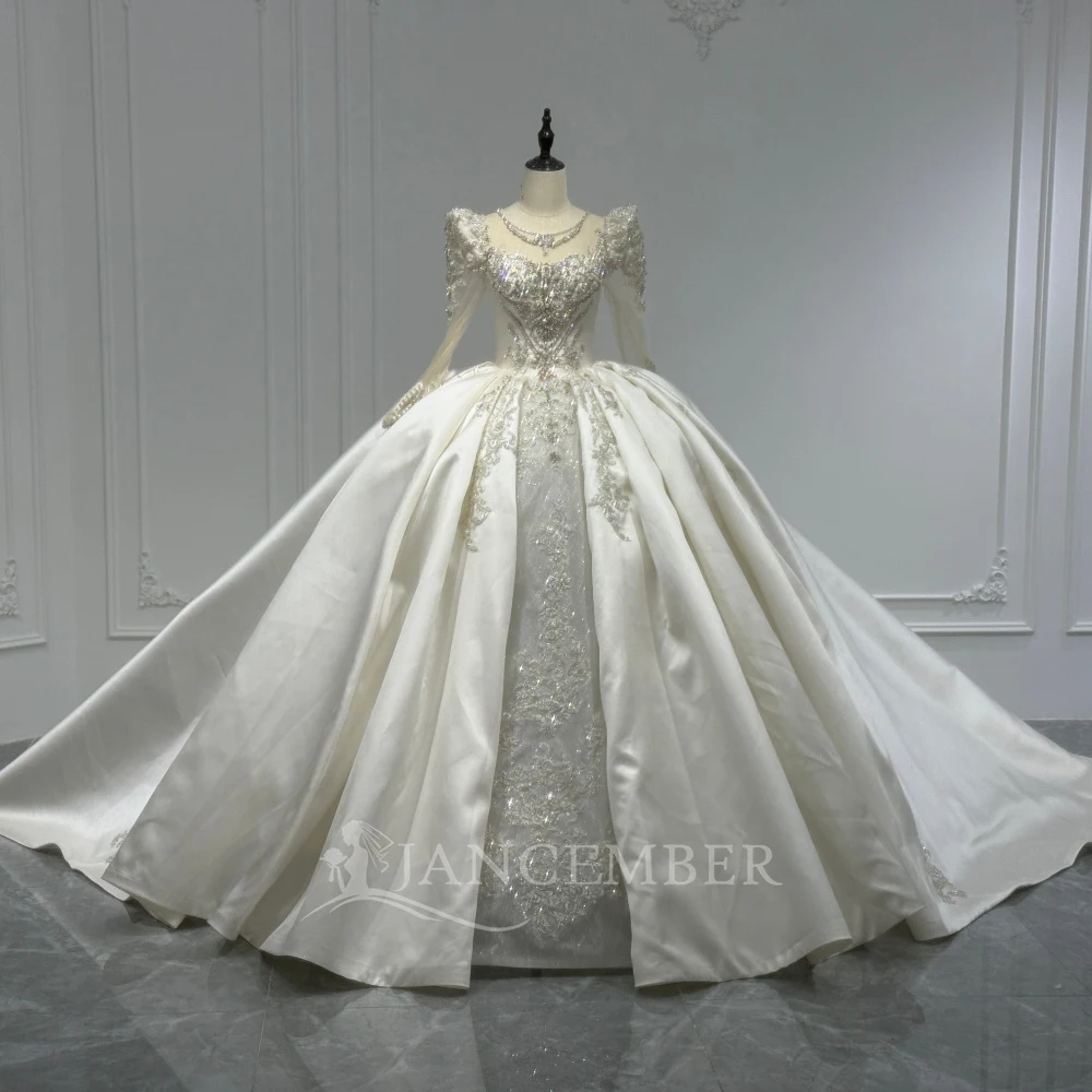 

Изысканное бальное платье с круглым вырезом и длинными рукавами по индивидуальному заказу, свадебное платье с атласным шлейфом и бисером, принцесса فساتين حفل