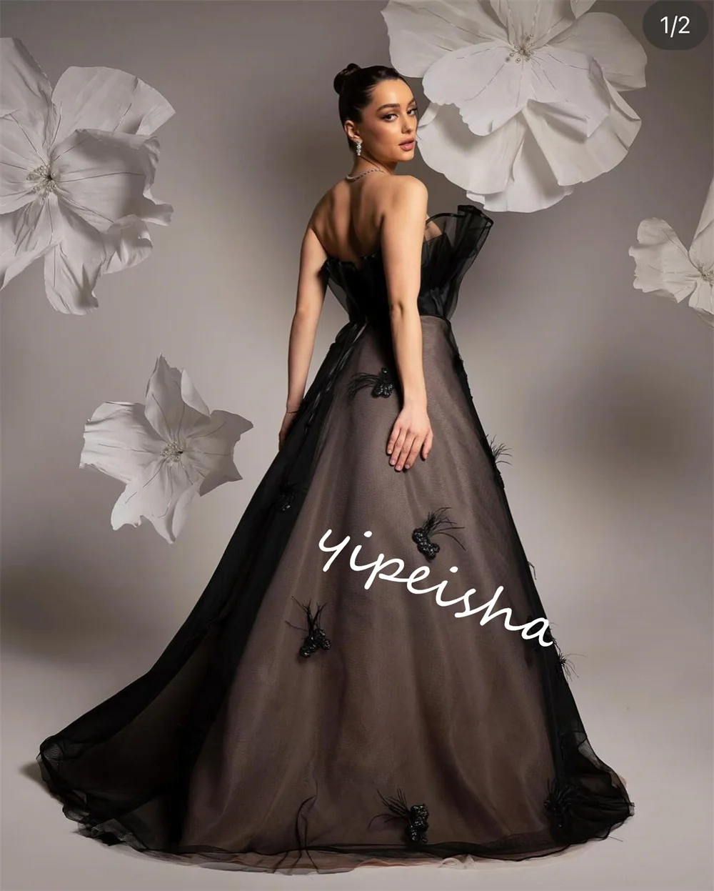 Jiayigong  Jersey Feather Beading Pleat Clubbing Ball Gown Strapless Bespoke Occasion  Long Dresses Saudi Arabia