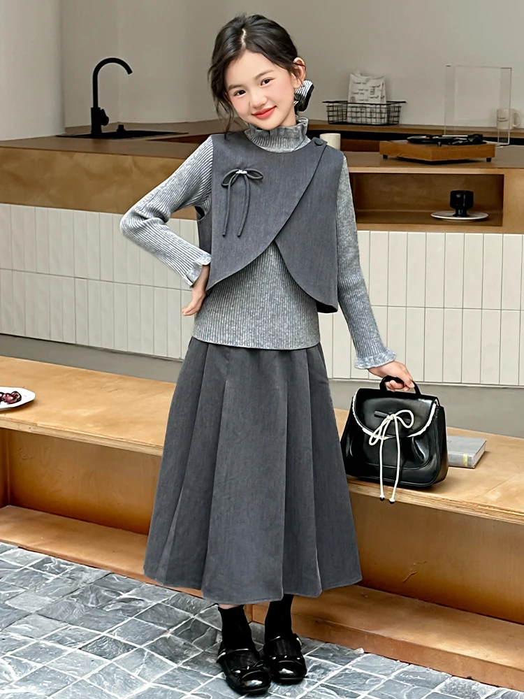 

Модный повседневный комплект для девочек на весну-осень: топ, жилет, юбка с высокой талией, дышащий, с длинными рукавами, высокого качества