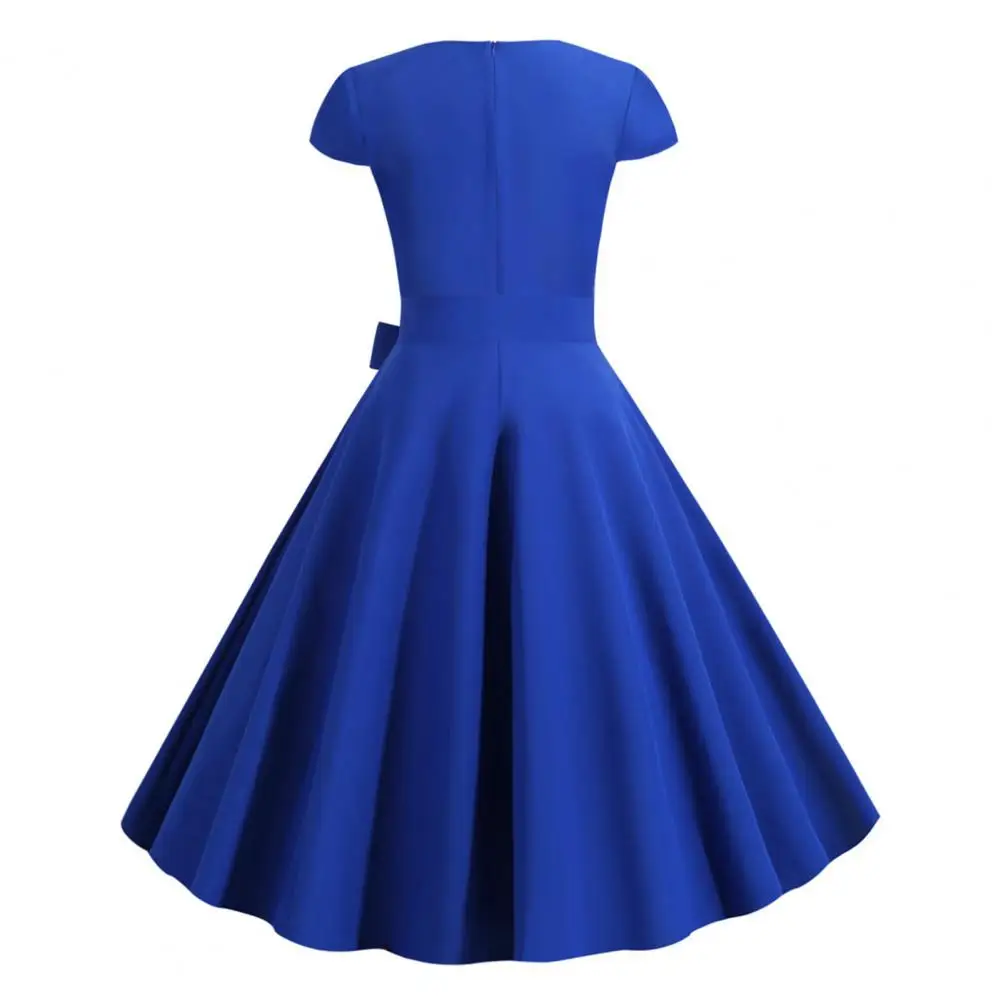 

Stretchy Solid Dress Retro Princess Style Midi Dress with V Neck Belted Bow Decor A-line Big Swing Design for Women Cocktail