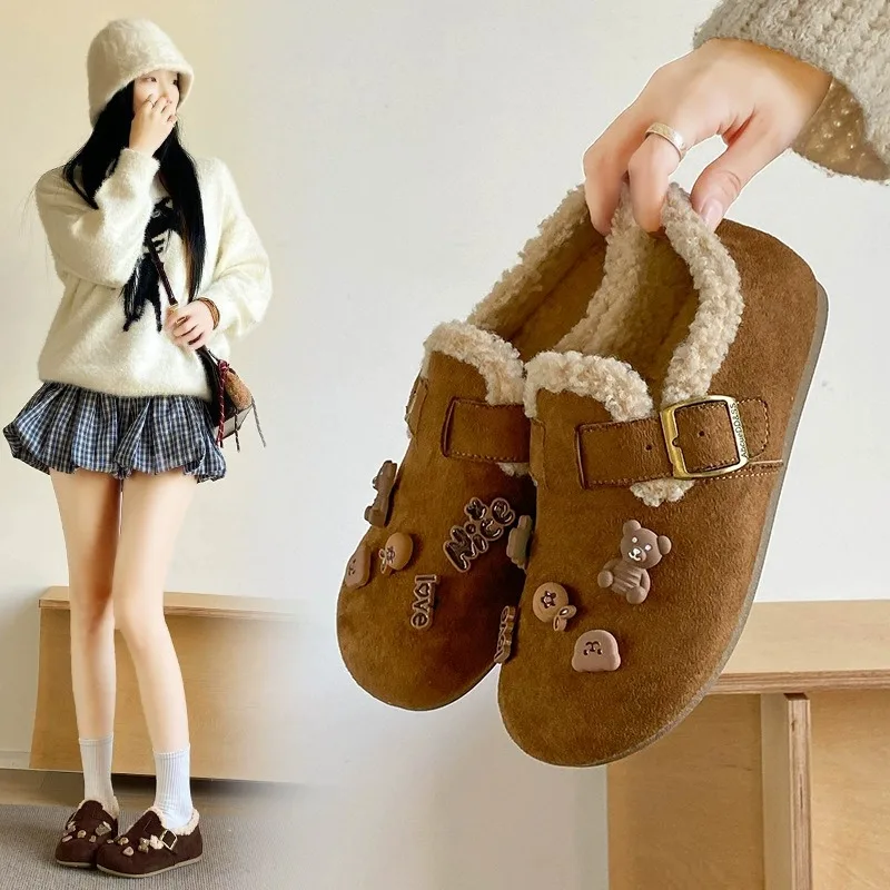 

Winter Fleece-lined Cotton Shoes for Women Warm Fuzzy Womens Bean Shoes Fashion Designer Single-strap Women Loafer Zapatos Mujer