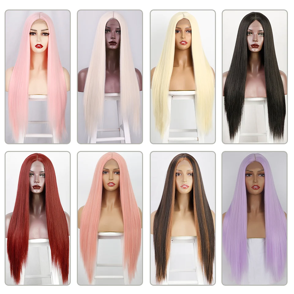 Ik Een Pruik Roze Kleine Deel Lace Pruiken Synthetische Lange Rechte Pruiken Voor Vrouwen Midden Deel Cosplay Pruiken Zwart rood Blond Haar