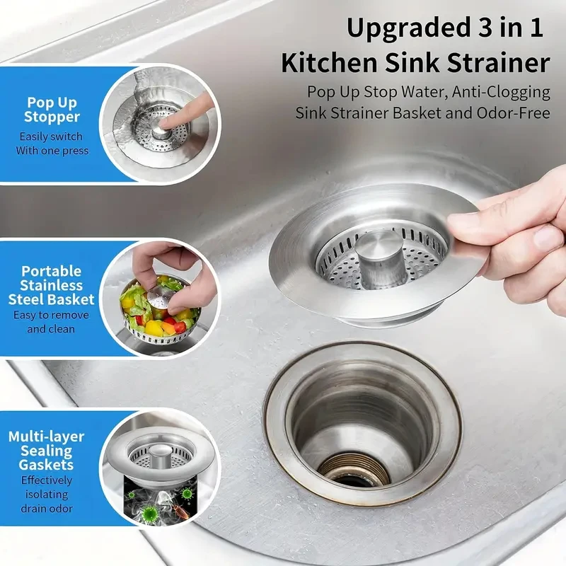 3-in-1 stainless steel kitchen sink filter and plug combination - anti-clogging filter basket, for efficient waste filtration