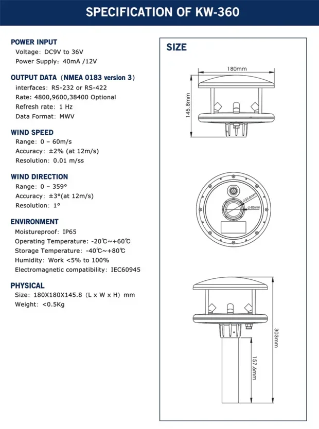 

ONWA KW-360 KW-360mini Anemometer ultrasonic meteorological temperature and pressure sensor supports RS232/RS485