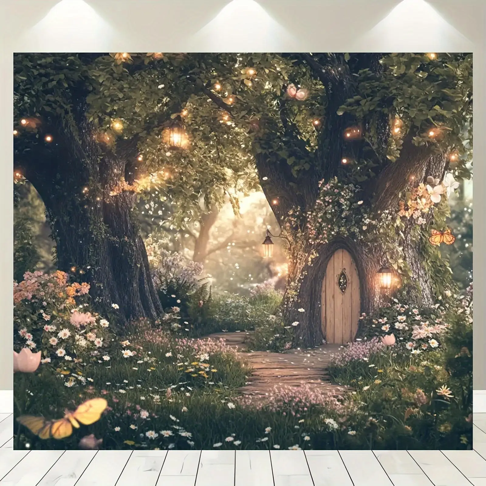 Enchanting Bohemian Fairy Tale Forest Backdrop with Glowing Lanterns & Whimsical Floral Butterfly Design - Magical Polyester Fab