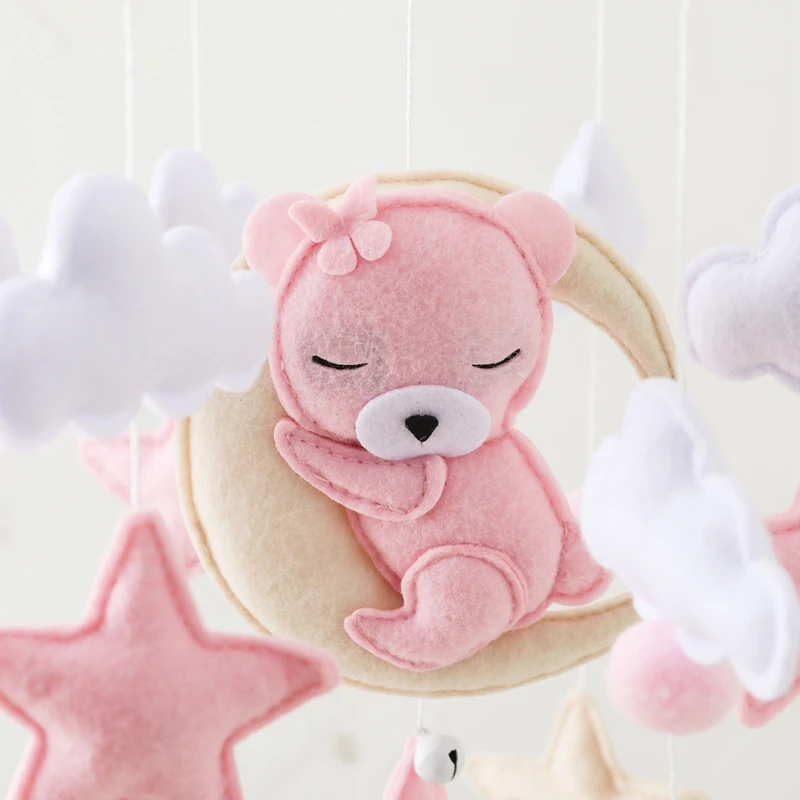 Bebê Cama de madeira Bell com suporte, Berço Chocalhos, Soft Felt Cartoon Urso Brinquedos, Cabide, Brinquedo de madeira, Kid Presentes