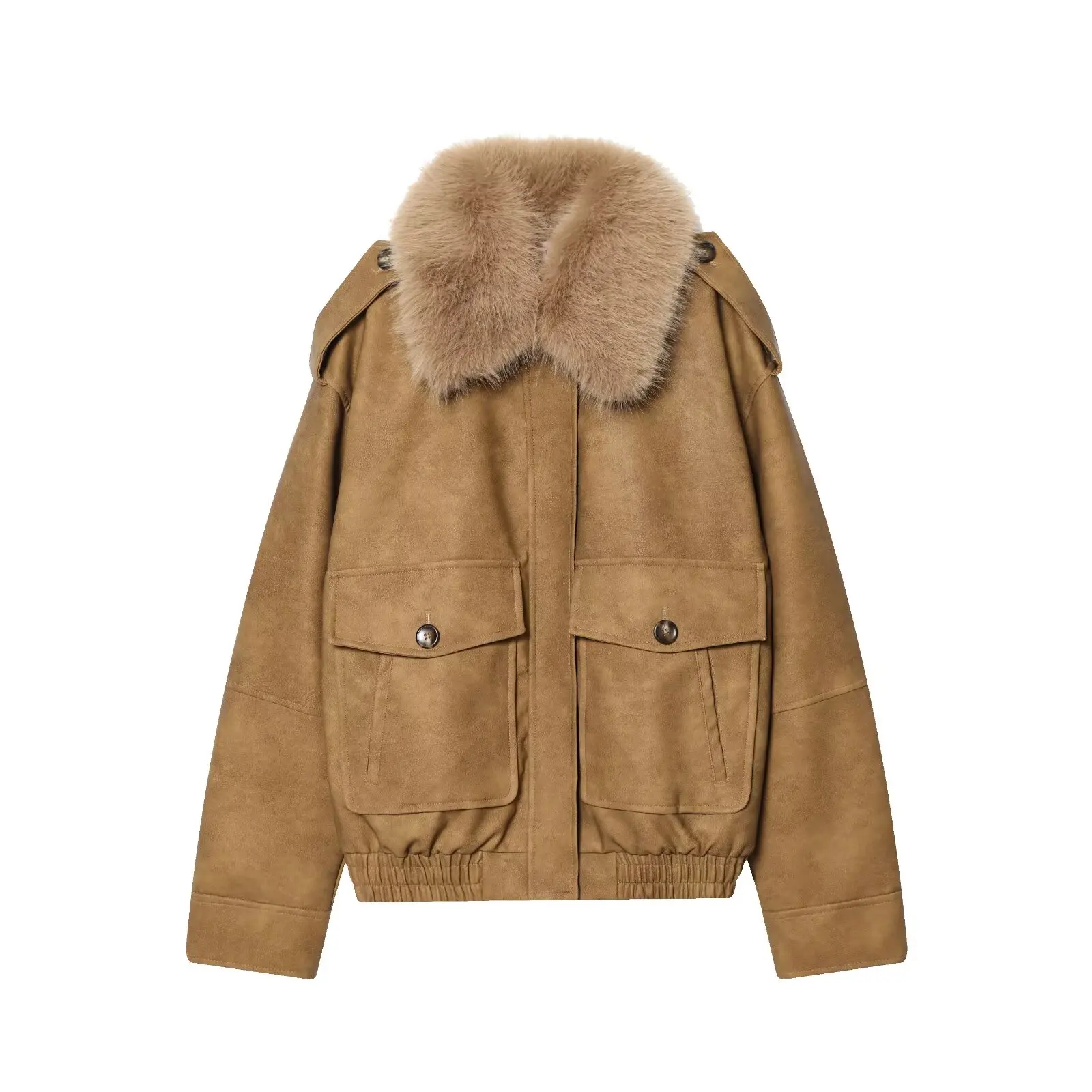 Willshela Women Fashion With Pockets Solid Front Zipper Faux Fur Scarf Jackets Vintage Lapel Neck Long Sleeves Female Outfits