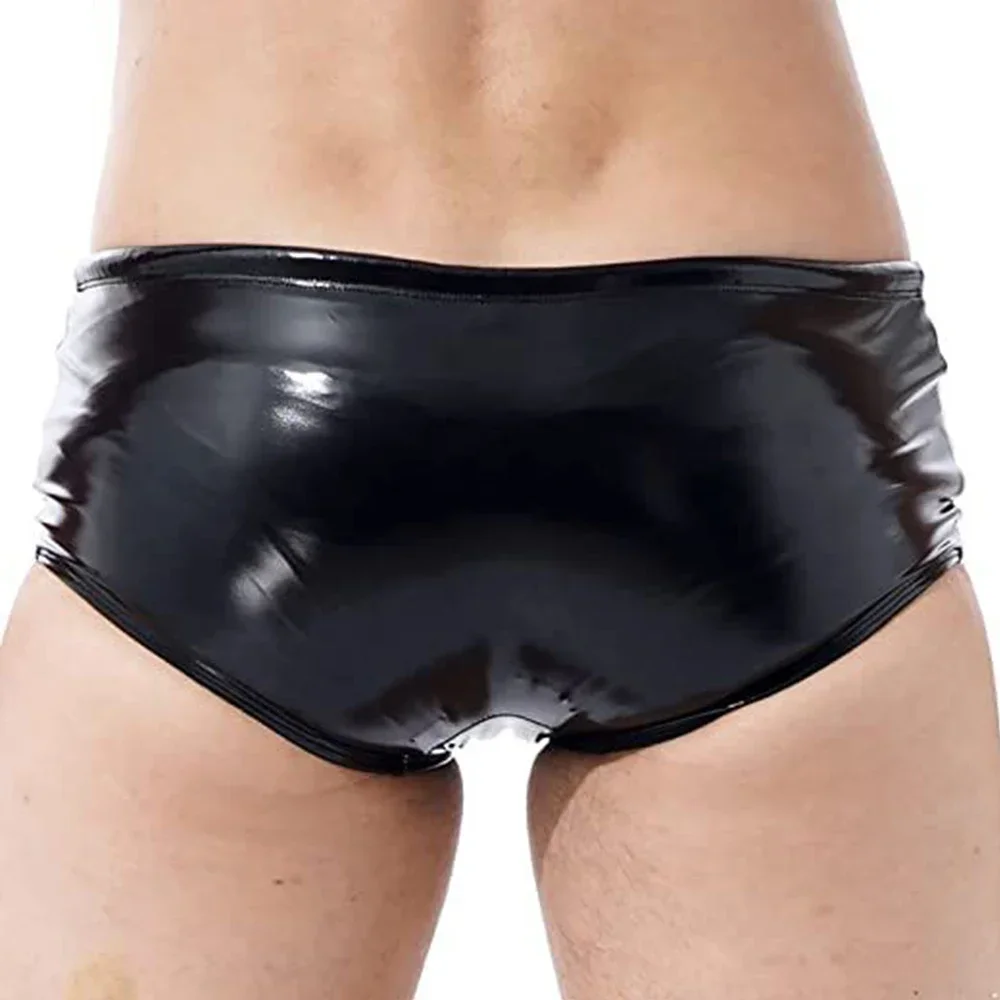 Sexy Men Patent Leather Boxers Shorts Panties Man Lingerie Wet Look Swiming Trunks Low Rise Drawstring Underwear Shorts Clubwear