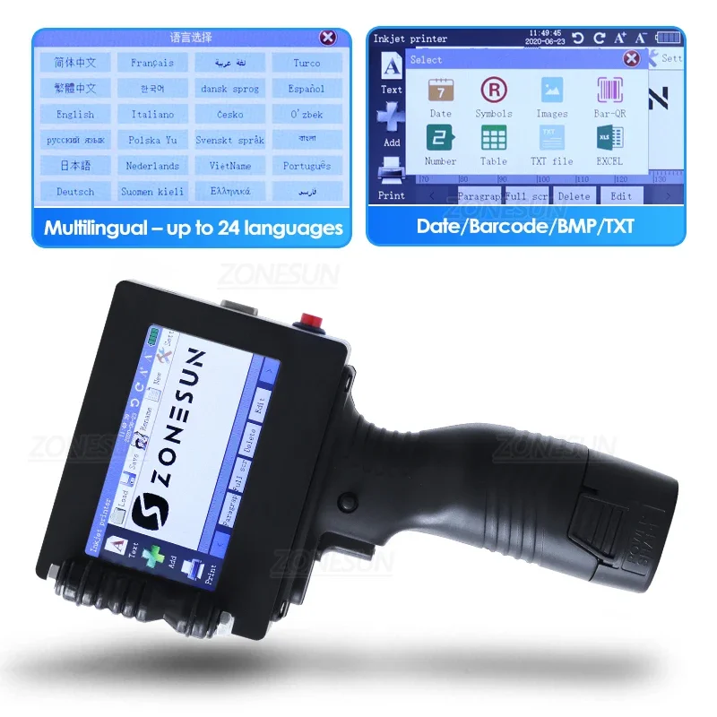 ZONESUN Handheld Inkjet Printer Portable ZS-HIP254 25.4mm QR Barcode Batch Expiry Date Serial Number Logo Multilingual Digital