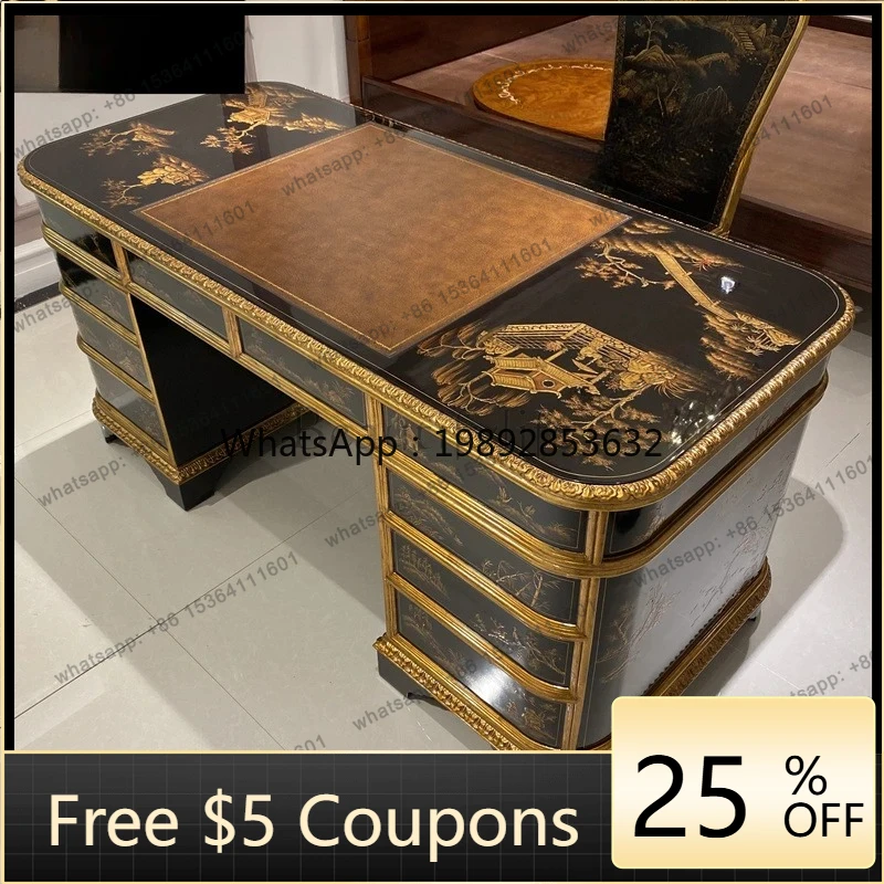 D2-25 Hand-painted desk villa classical peach blossom core solid wood writing desk retro boss table president computer desk