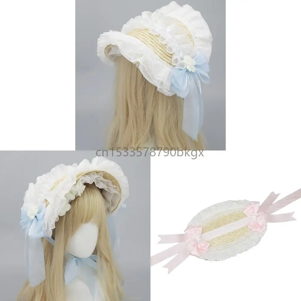 

Victorian Flower Lace Bonnet Hat with Bowknot for Teaparty Cosplay Event Supply J78E