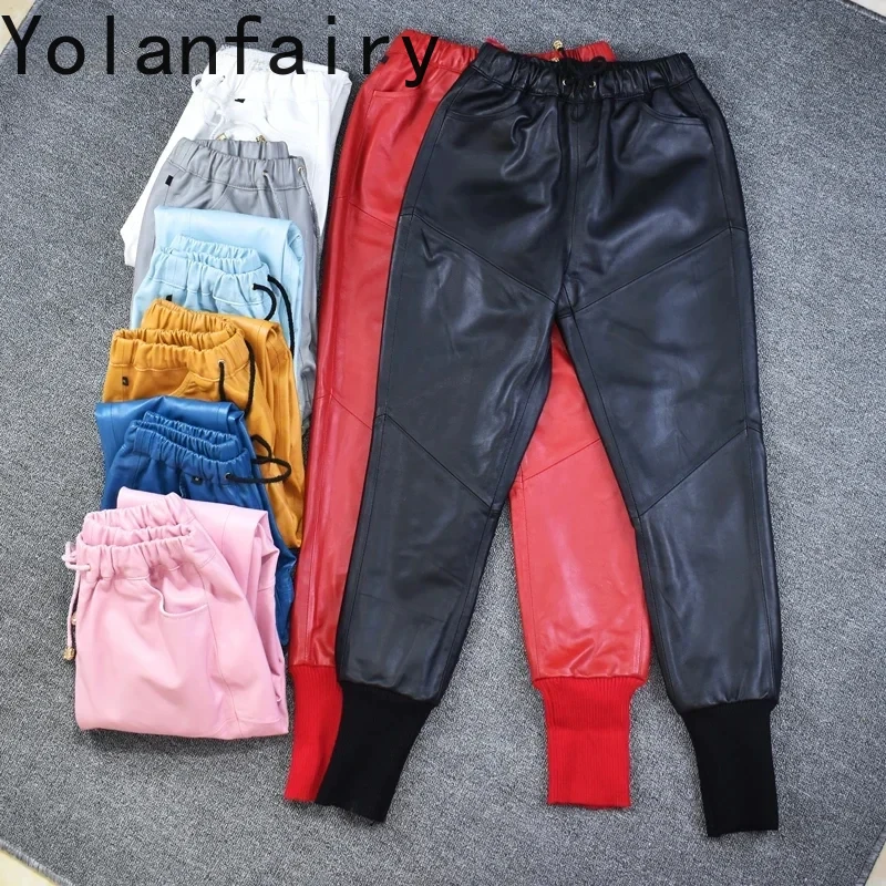 

Autumn winter fashion drawstring Genuine sheep leather pants female elastic waist casual leather harem trousers for women