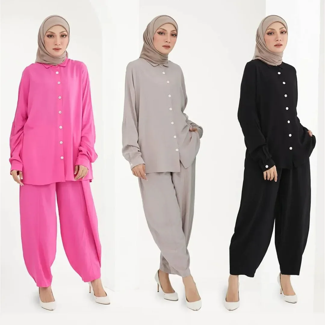 Indonesian Fashion Harun Pants Muslim Sets Fashion Batwing Sleeve Single-breasted Tops+Loose Casual Pants 2pcs Autumn Pant Sets