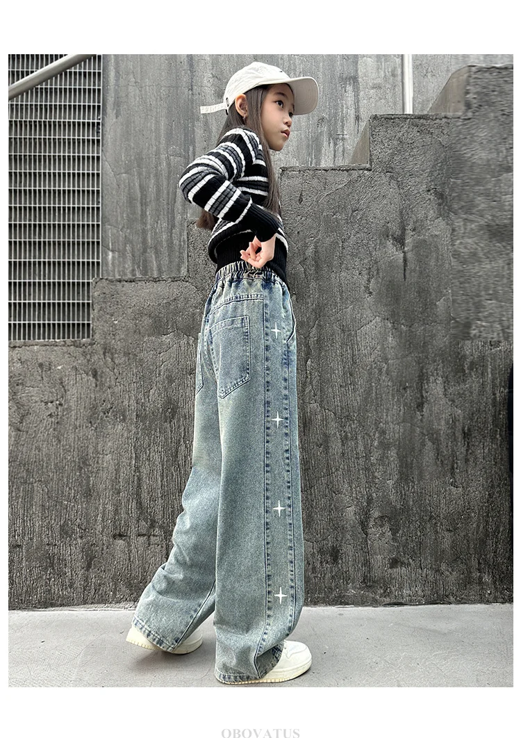 American Girls Retro-Jeans mit Sternen, Kinder Trendige Grafik-Design Gerade Denim-Hose, Kinder Street Hip-Hop Jeans Hose – Detail 6
