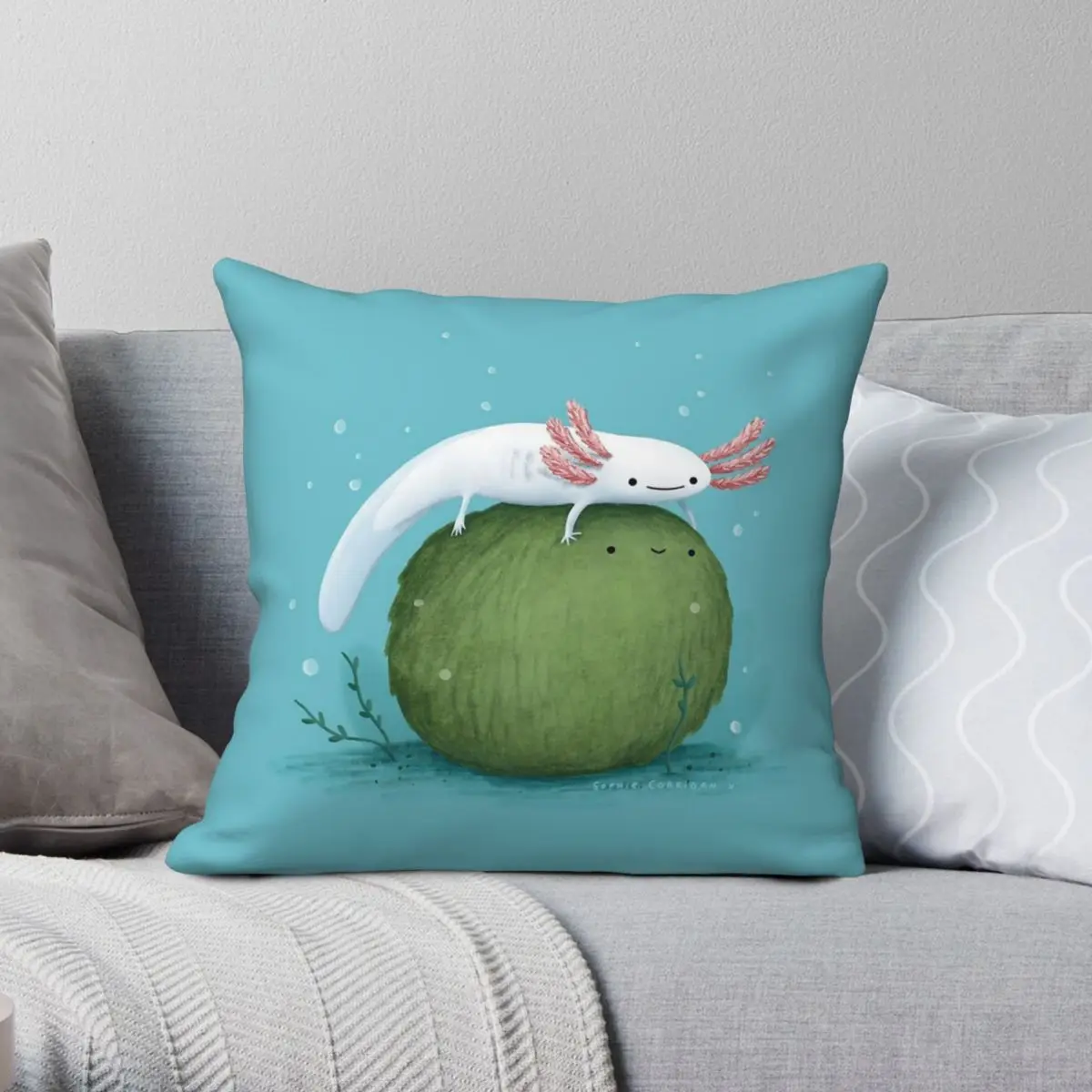 Axolotl On A Marimo Pillowcase Polyester Linen Velvet Pattern Zip Decorative Sofa Cushion Cover