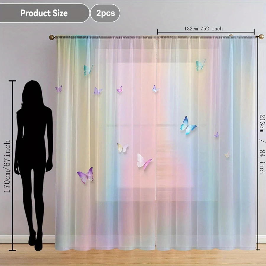 2PCS Digital Print Sheer Curtains, Gradient Ombre Butterfly, Dreamy Colorful Nature for Bedroom Living Room Home Decor