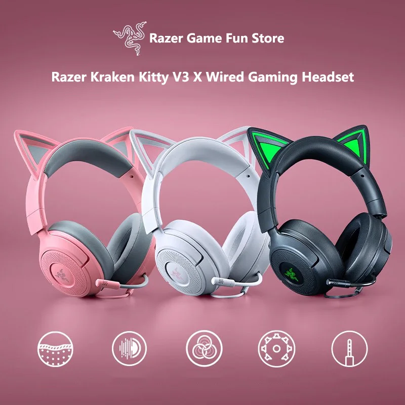 سماعة الألعاب السلكية Razer Kraken Kitty V3 X - ميكروفون قلبي HyperClear - محركات 40 مم - صوت محيطي 7.1 - وسائد أذن مريحة