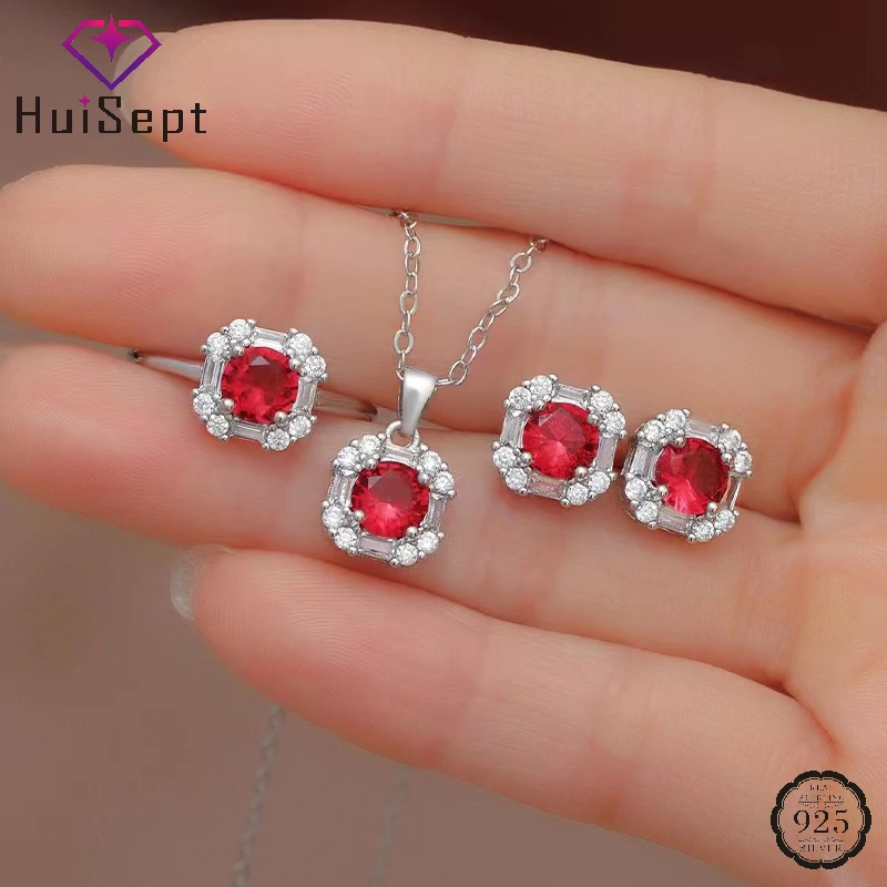 

HuiSept 925 Silver Jewelry Sets Ring Stud Earrings Pendant Necklace with Zircon Accessories for Women Wedding Party Promise Gift